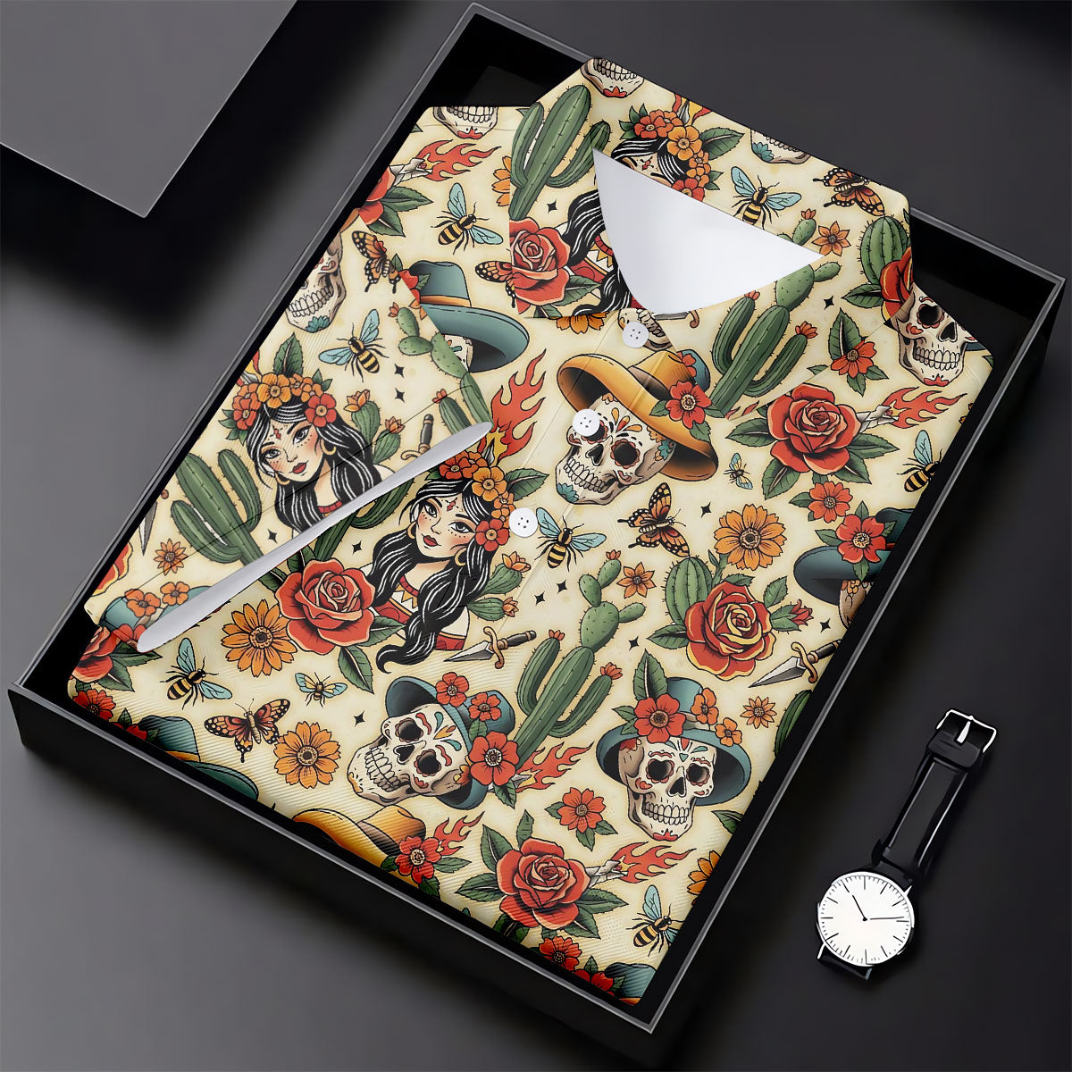 Day Of The Dead Sugar Skull Floral Polo Shirt, Womens Golf Polo, Hawaiian Golf Shirt