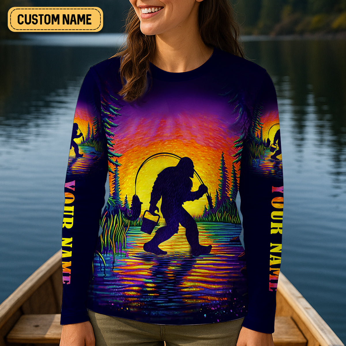 Gone Squatchin And Catching Sunset Fishing UPF Shirts, Funny Fishing Shirt, Sasquatch Fishing Shirt For Women