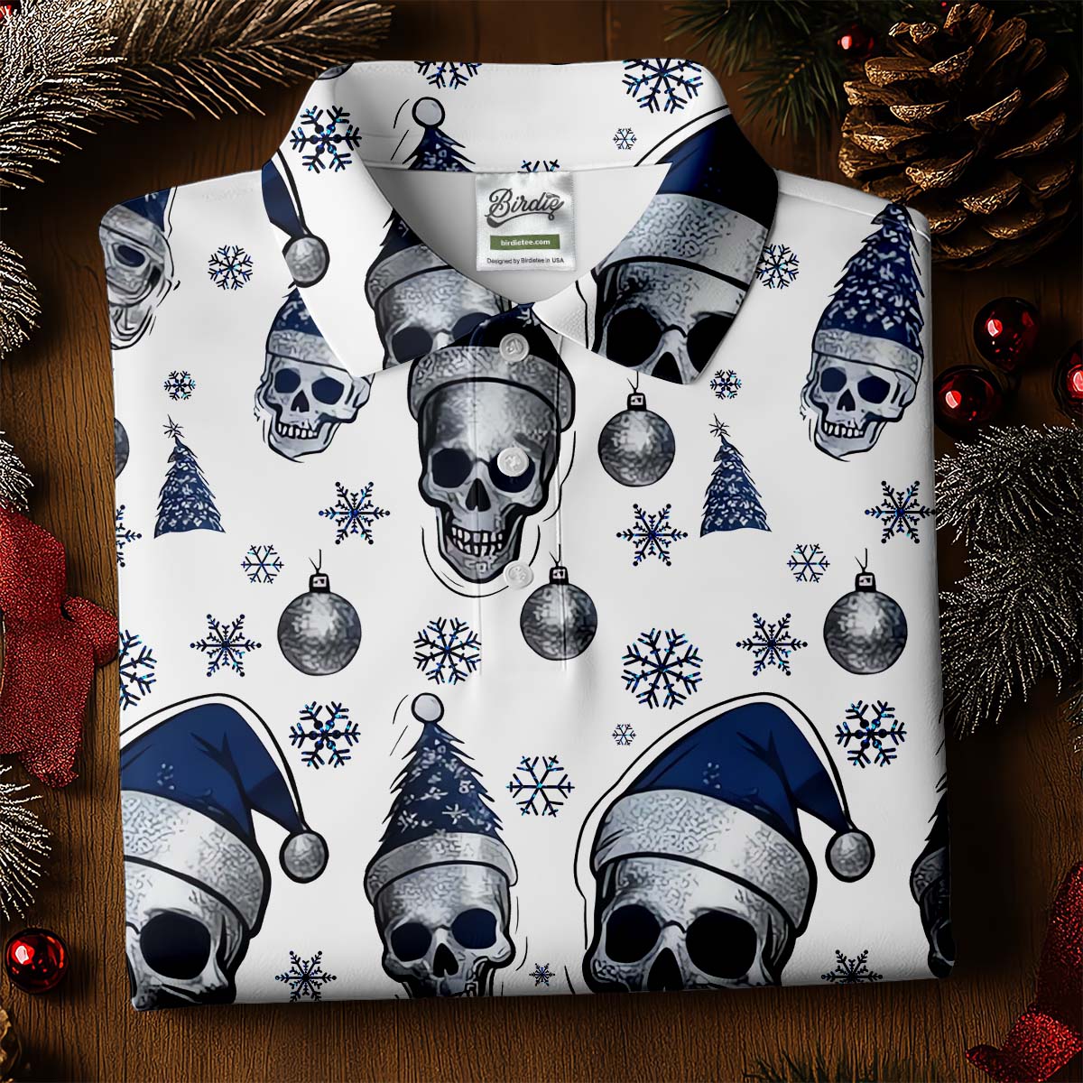 Vintage Skull Christmas Golf Shirt, White Polo Women, Cool Golf Gift, Ladies Golf Shirts, Golfing Apparel