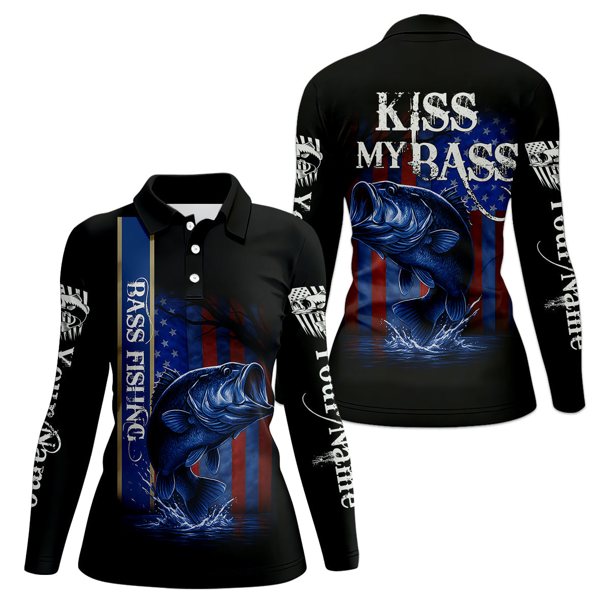 Kiss My Bass Patriotic Fishing Shirt, SPF Shirt, Funny Fishing Shirt, Women Fishing Shirt, Bass Fishing