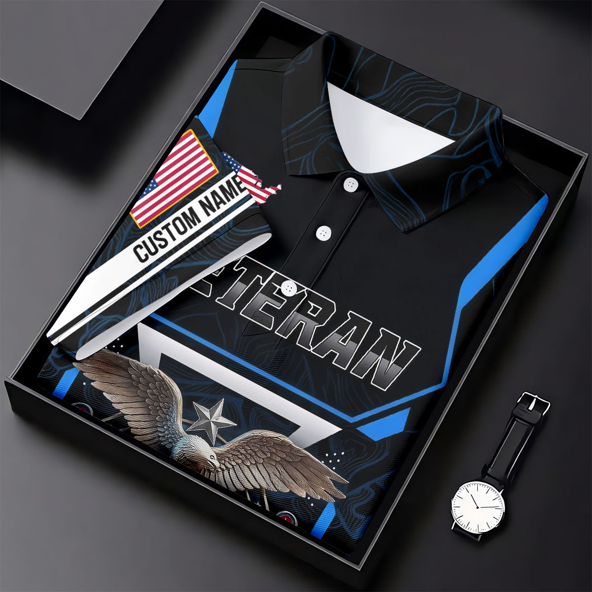Personalized Veteran America 250 Polo Shirt Blue Accent, Golf Apparel For Men, Mens Golf Polo