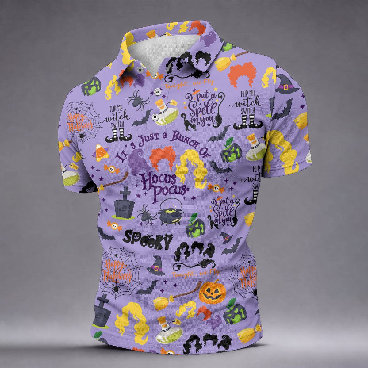 Happy Halloween Witch Spell Pattern Polo Shirt, Mens Golf Polo, Hawaiian Golf Shirt