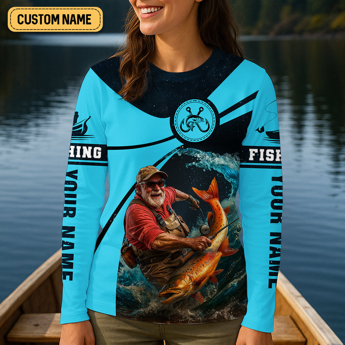 Never Underestimate An Old Man With A Fishing Rod Custom Name UPF Shirts, Women Fishing Shirt