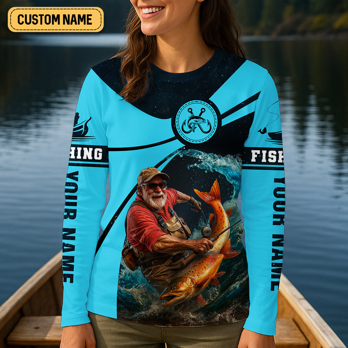 Never Underestimate An Old Man With A Fishing Rod Custom Name UPF Shirts, Women Fishing Shirt