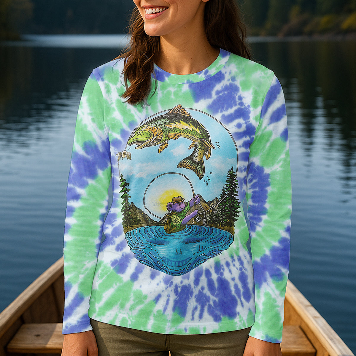 Bear Fishing Green And Purple Cool Tie Dye Patterns Fishing UPF Shirts, Women Fishing Shirt, Female Fishing Shirts