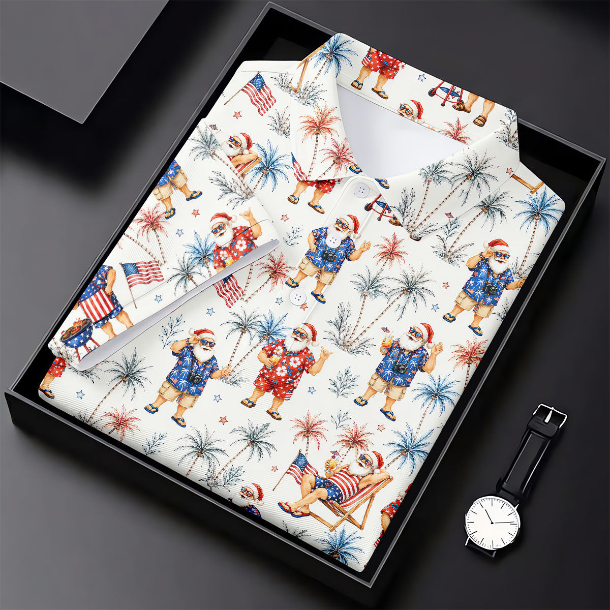 Patriotic Santa Tropical Christmas Polo Shirt, Mens Golf Polo, Hawaiian Golf Shirt