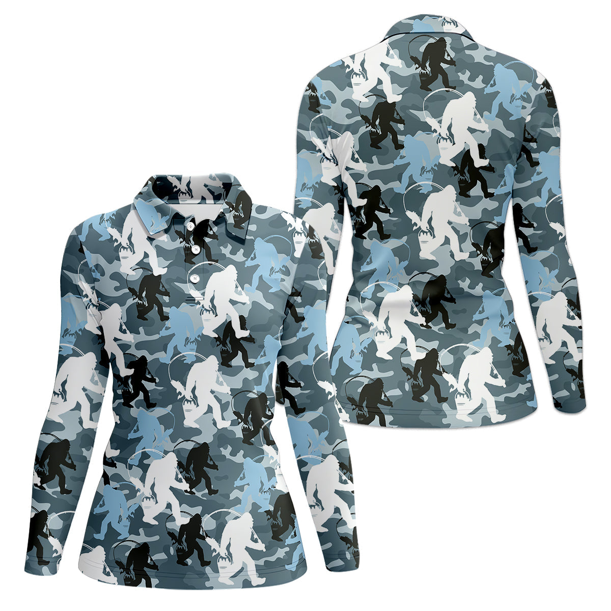 Bigfoot Blue Camo Fishing SPF Shirts, Bassquatch Fishing Shirts, Fishing Shirts For Women, Ladies Fishing Shirts