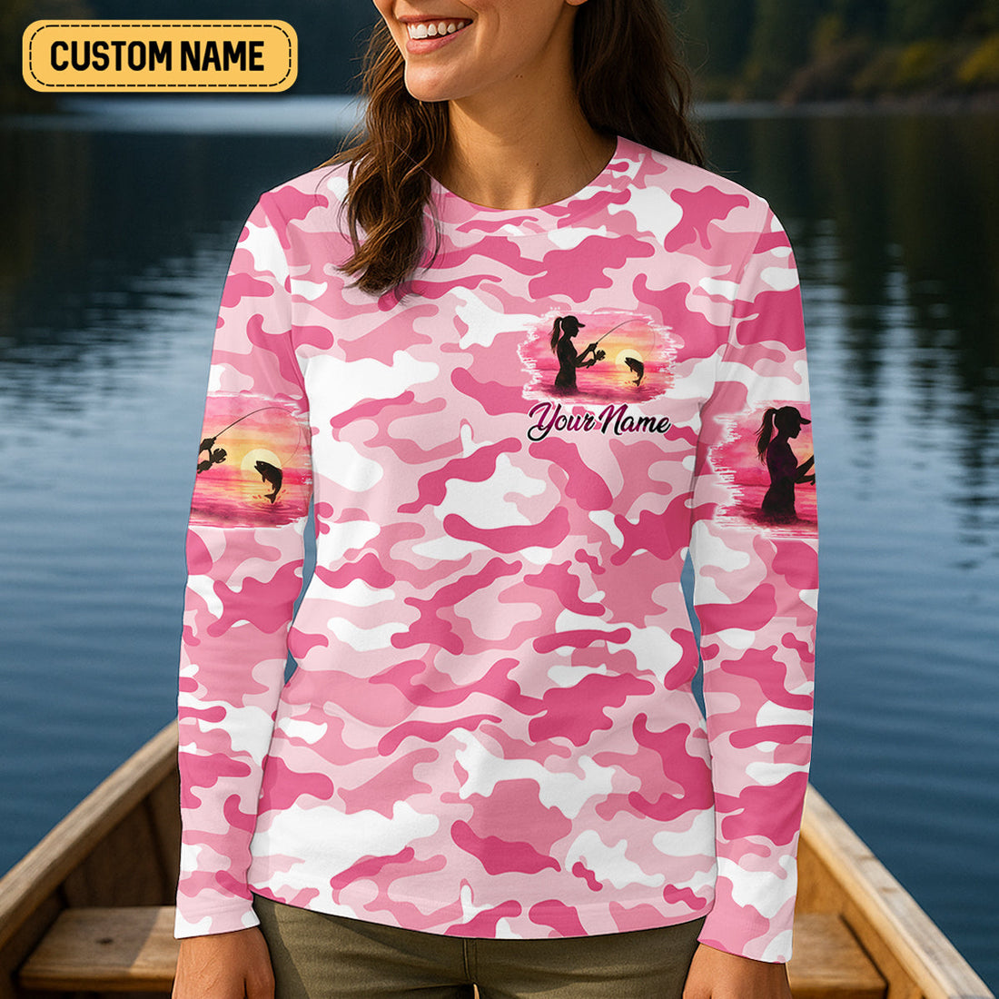 Never Underestimate A Women With A Fishing Rod Women's Pink Camo Fishing UPF Shirts, Female Fishing Shirts