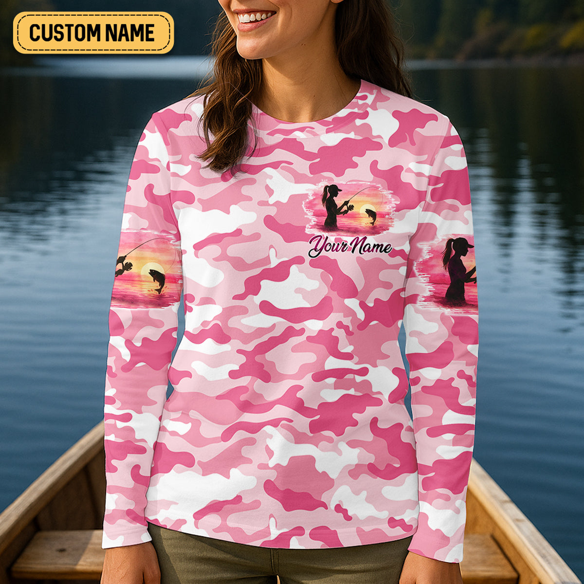 Never Underestimate A Women With A Fishing Rod Women's Pink Camo Fishing UPF Shirts, Female Fishing Shirts
