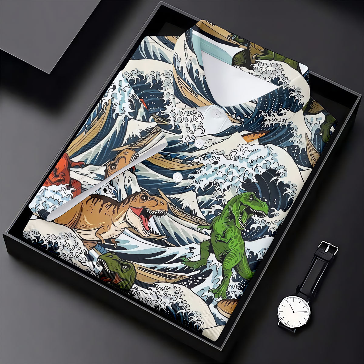 T Rex Surfing Great Wave Golf Polo Shirt, Men's Golf Shirt, Printed Golf Shirts