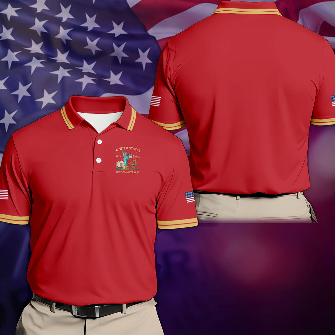 American Symbols Red Patriotic Golf Shirt, US 250 Years 4th Of July Golf Shirts For Men