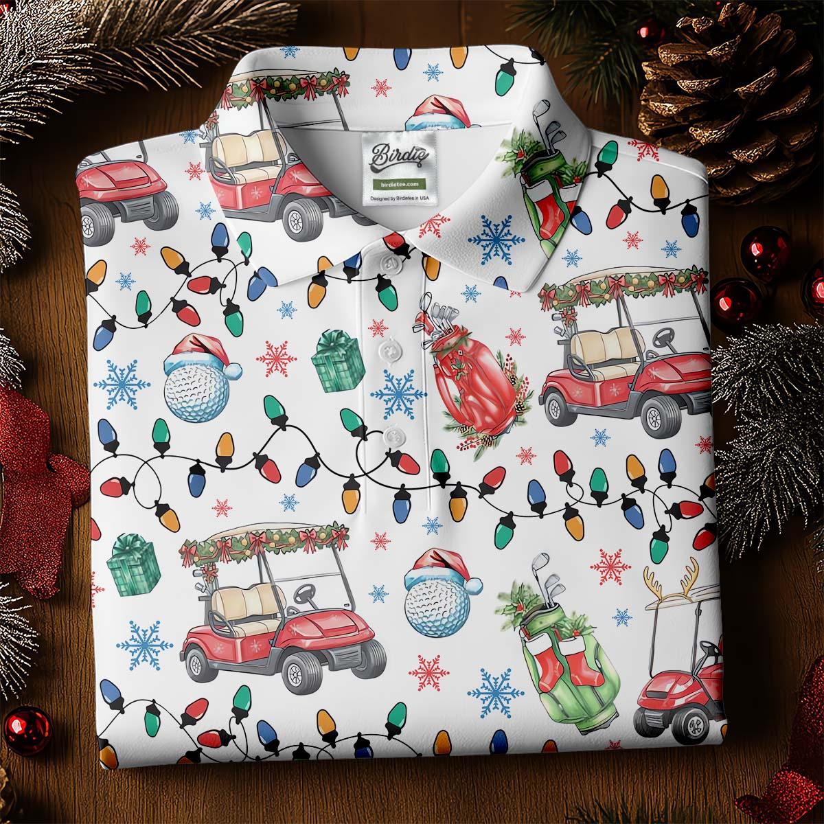 Golf Cart Christmas Lights Women's Golf Tops, Christmas Golf Shirt, Ladies Golf Polos, Golf Lover Xmas Gift
