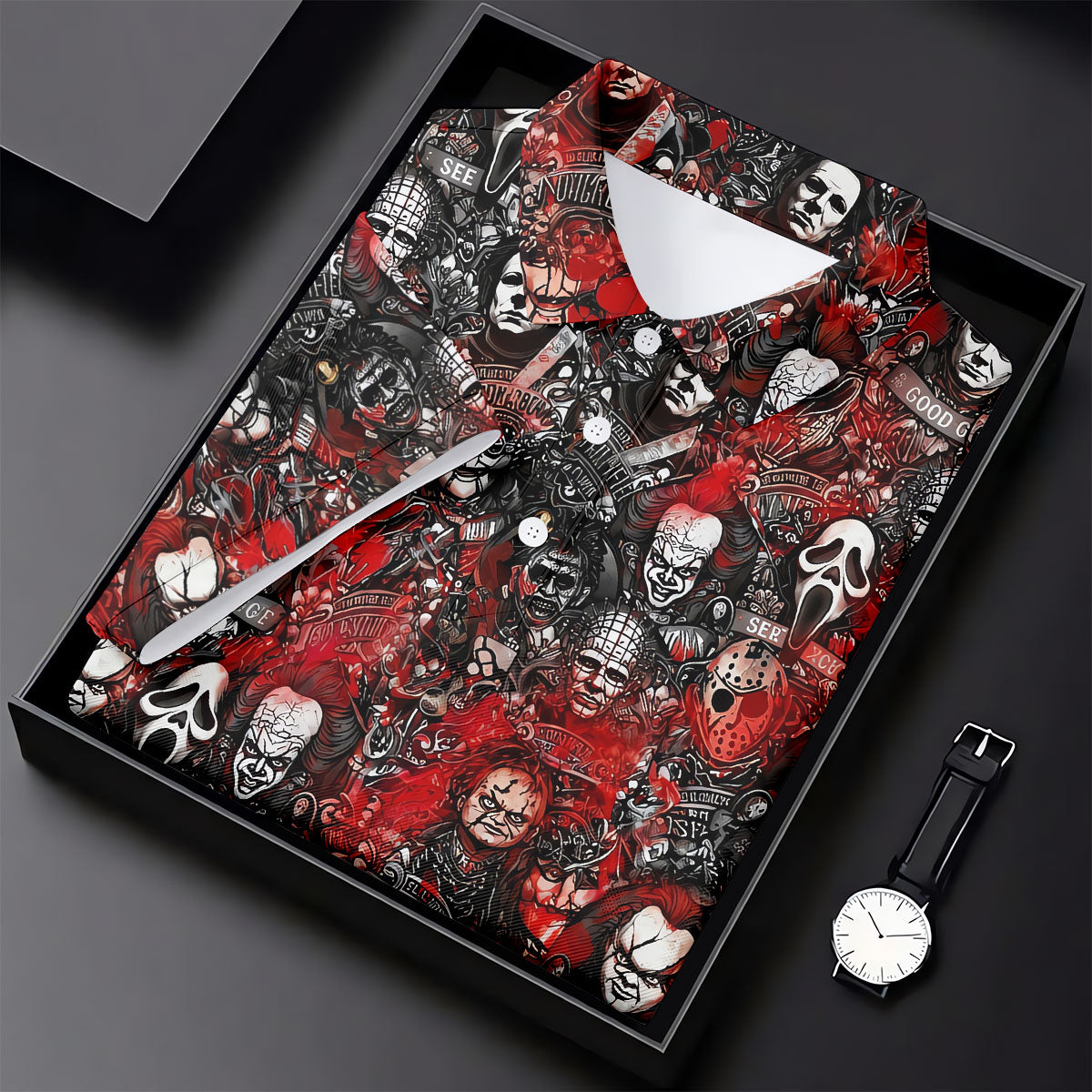 Red Horror Character Collage Halloween Golf Shirt, Men's Golf Shirt, Hawaiian Golf Shirt