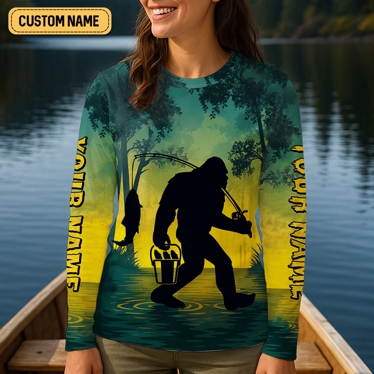 Gone Squatchin And Catching Yellow Forest Bigfoot Fishing Shirt For Women, Fishing UPF Shirts