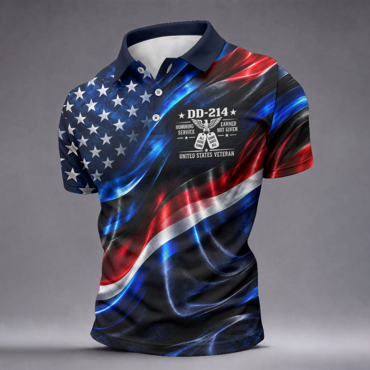 DD-214 Metallic USA Flag Golf Polo Shirt, Veterans Day Shirt, Golf Shirts For Men