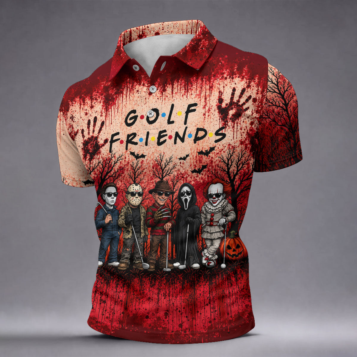 Golf Friends Halloween Horror Character Group Polo Shirt, Mens Golf Polo, Golf Apparel