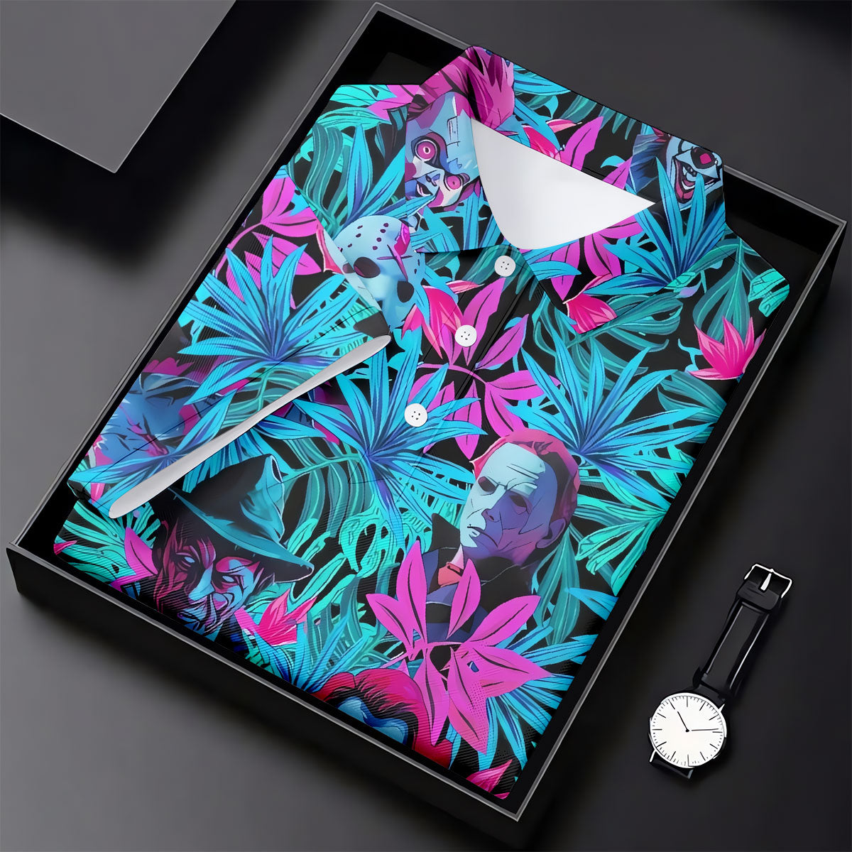 Neon Halloween Horror Character Hawaiian Golf Shirt, Women's Golf Polo, Printed Golf Shirt