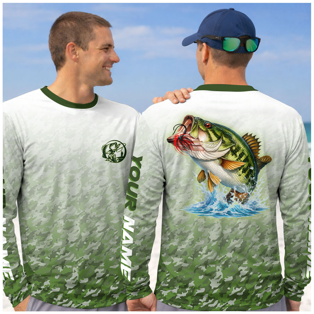 Custom Largemouth Bass Fishing Shirt for Men, Camo Green Angler Shirt, Fishing UPF Shirts