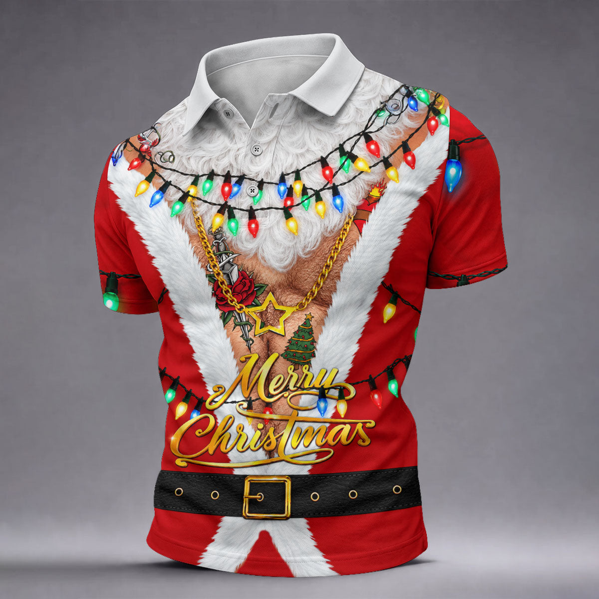 Merry Christmas Santa Lights Gold Chain Polo Shirt, Mens Golf Polo, Golf Shirts For Men