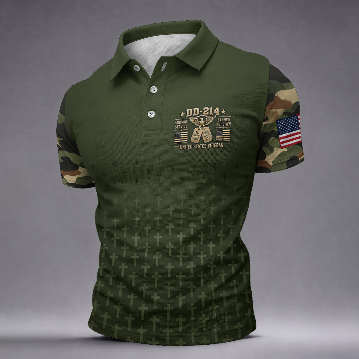 DD-214 Olive Green Cross Camo Polo Shirt, Veterans Day Shirt, Golf Shirts For Men
