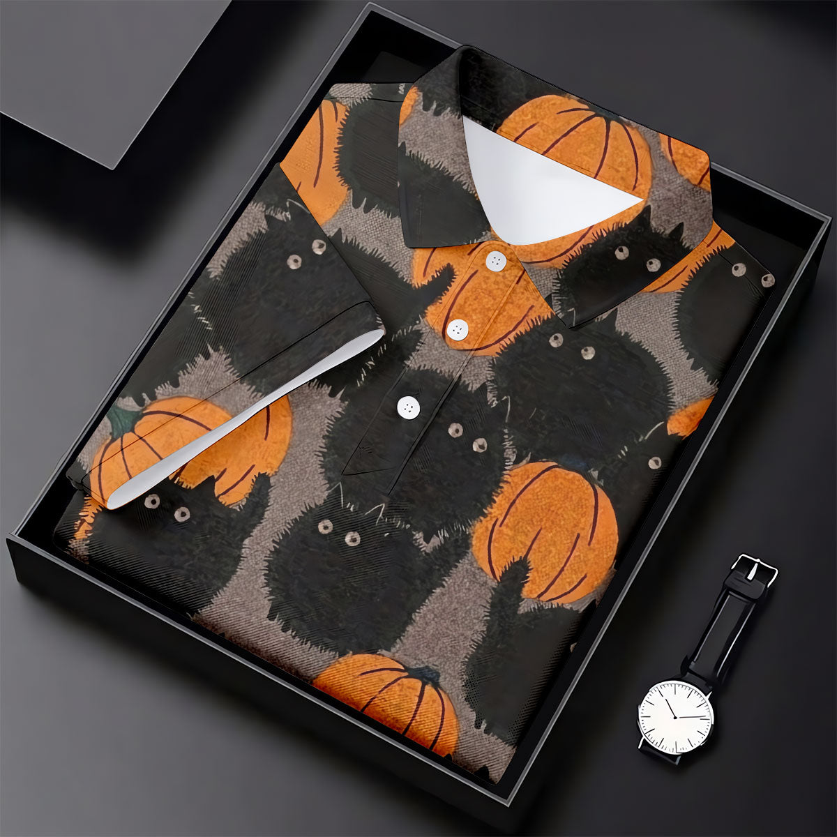 Black Cat Pumpkin Halloween Golf Polo Shirt, Mens Golf Apparel, Golf Shirts For Men