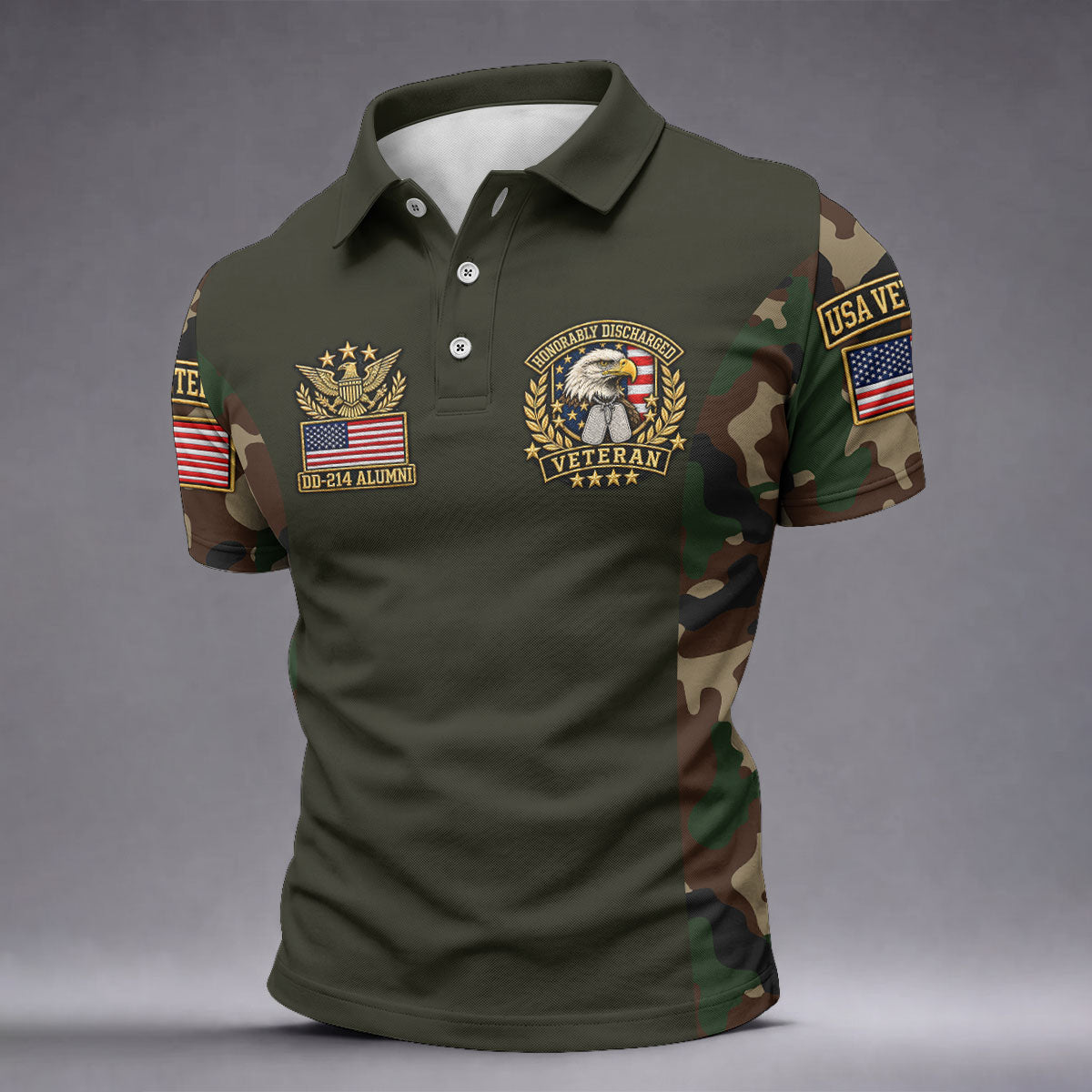 DD-214 Eagle Badge Olive Camo Polo Shirt, Men Golf Apparel, Veterans Day Golf Shirt