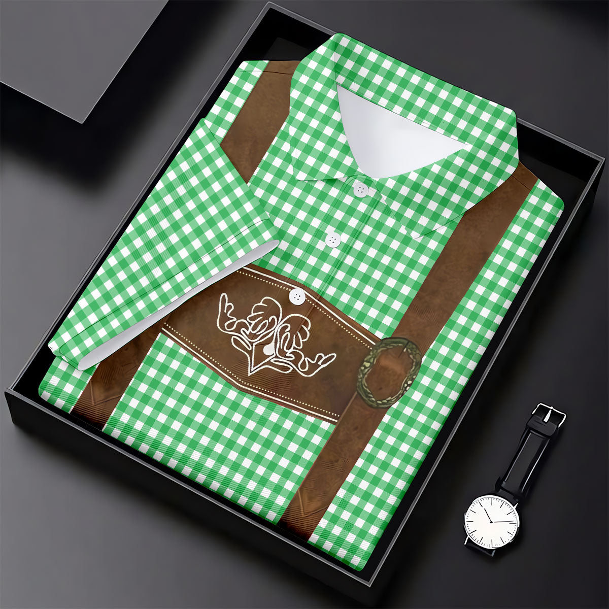 Green Oktoberfest Lederhosen Illusion Sleeveless Golf Polo, Men's Golf Shirt, Golf Polo Shirts For Men