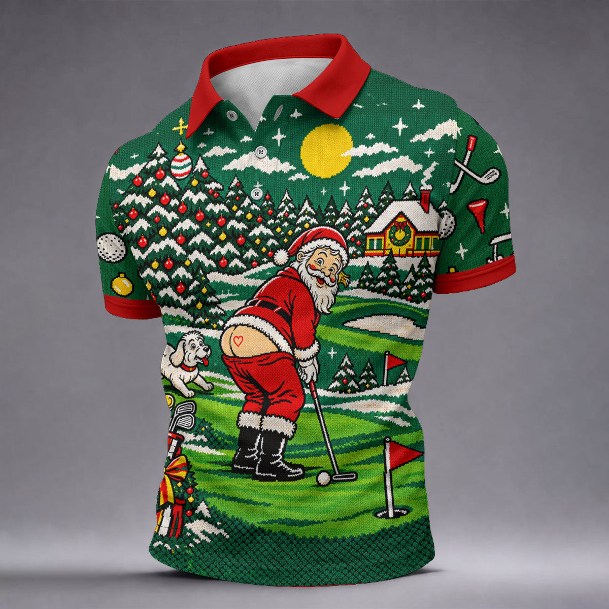 Funny Santa Mooning Dog Christmas Golf Shirt, Mens Golf Polo, Golf Shirts For Men