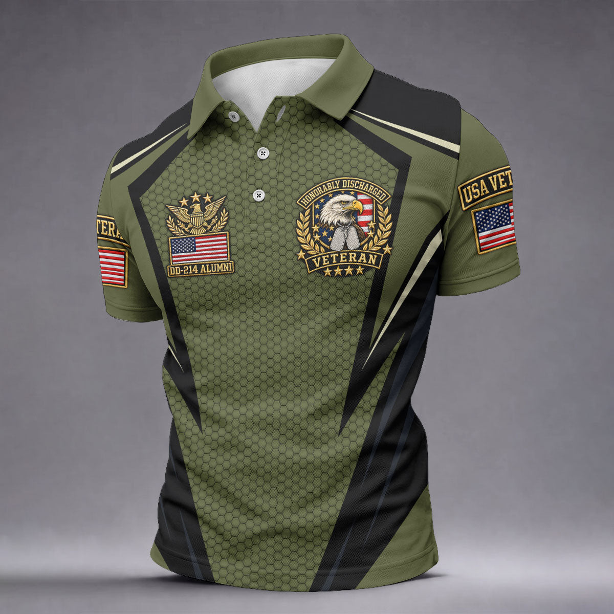 DD-214 Olive Hexagon Golf Polo Shirt, Golf Apparel For Men, Veterans Day Golf Shirt