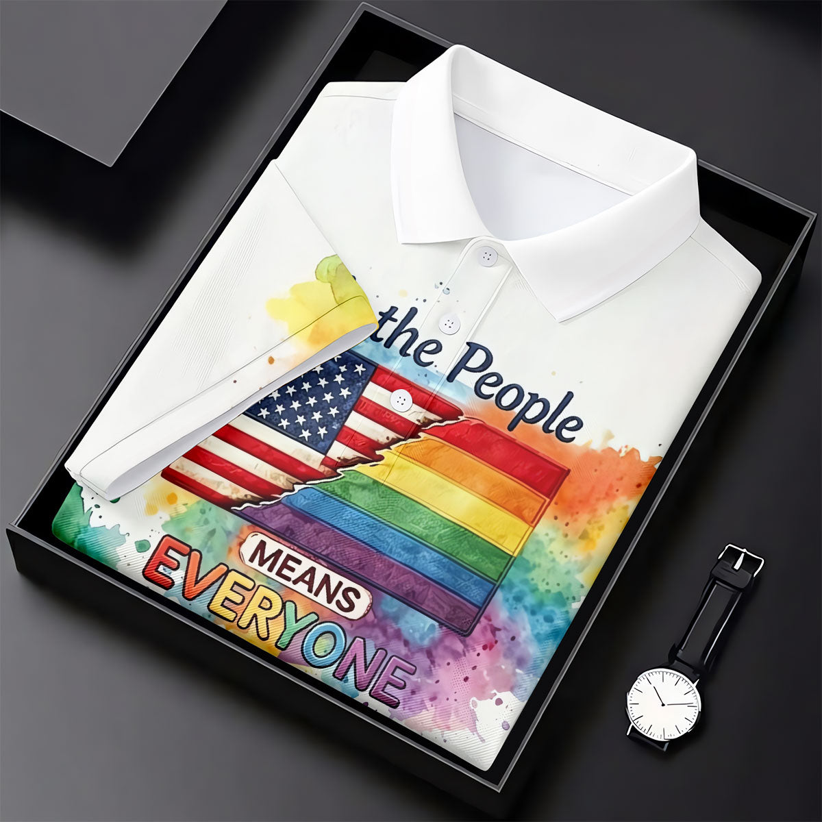 We The People Means Everyone Water Color Print Golf Shirt, LGBTQ Month Polo Shirts For Men