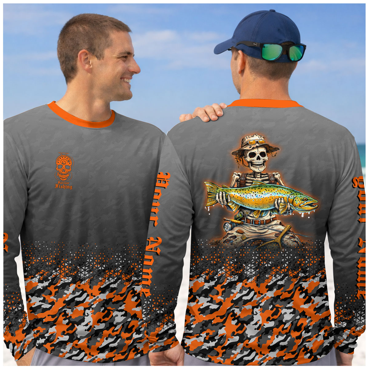 Skull Camo Personalized Fishing Shirt, Skeleton Angler, Skeleton Fisherman, Fishing Shirts For Men