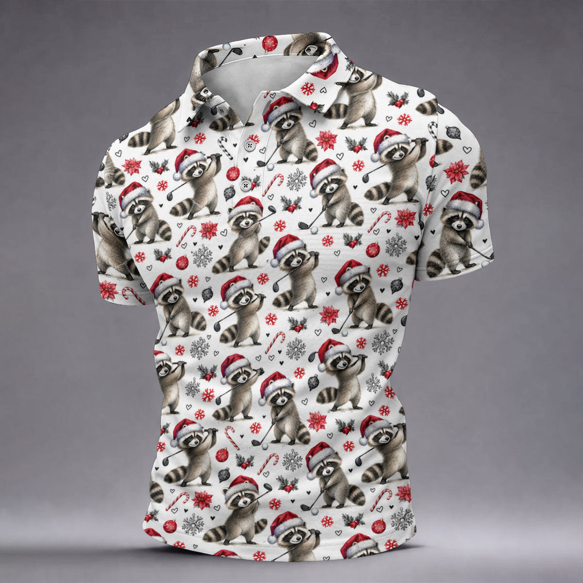 Christmas Raccoon Golfer Santa Hat Golf Polo Shirt, Mens Golf Shirts, Polo Shirts For Men