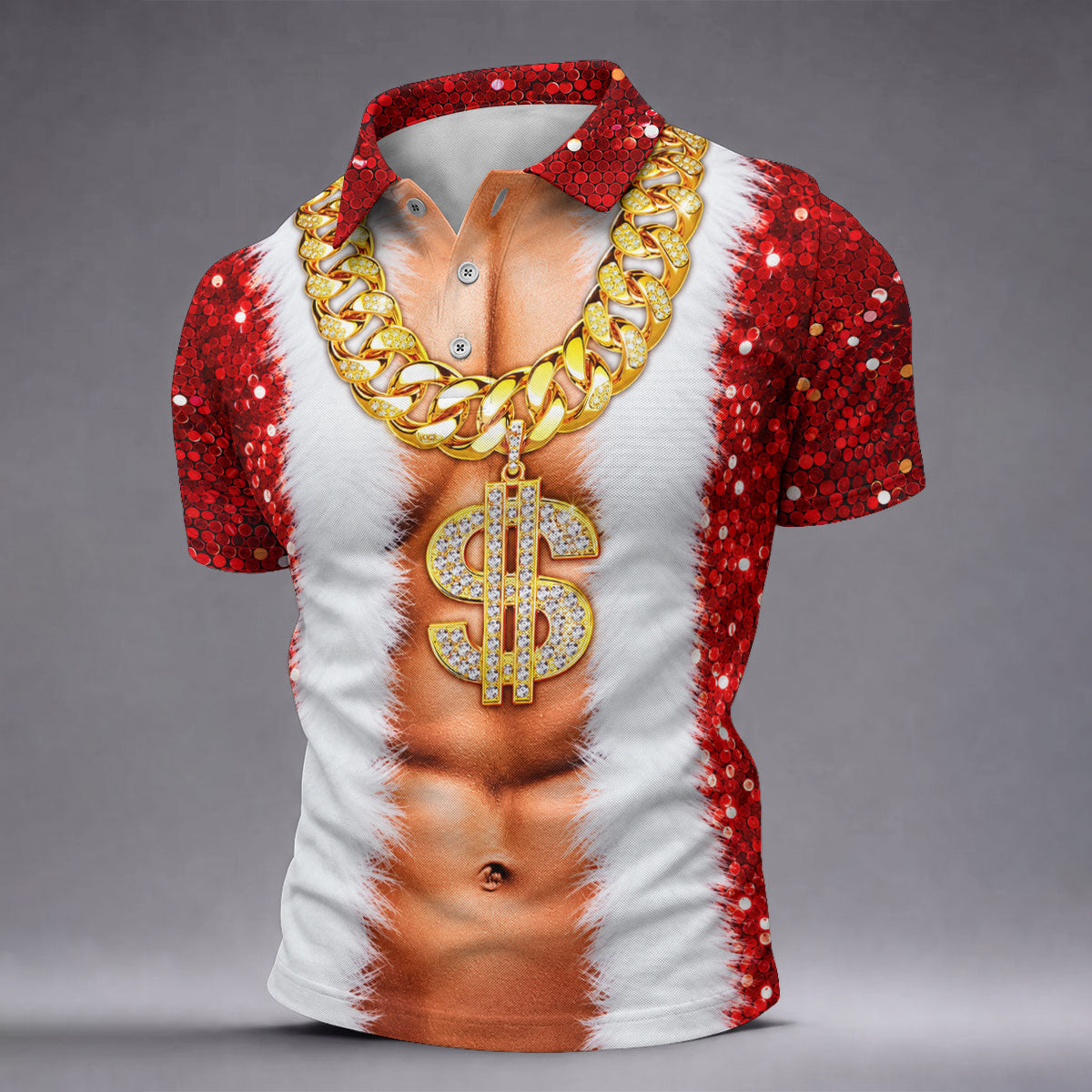 Funny Santa Gold Dollar Chain Golf Polo Shirt, Printed Golf Shirts, Mens Golf Apparel