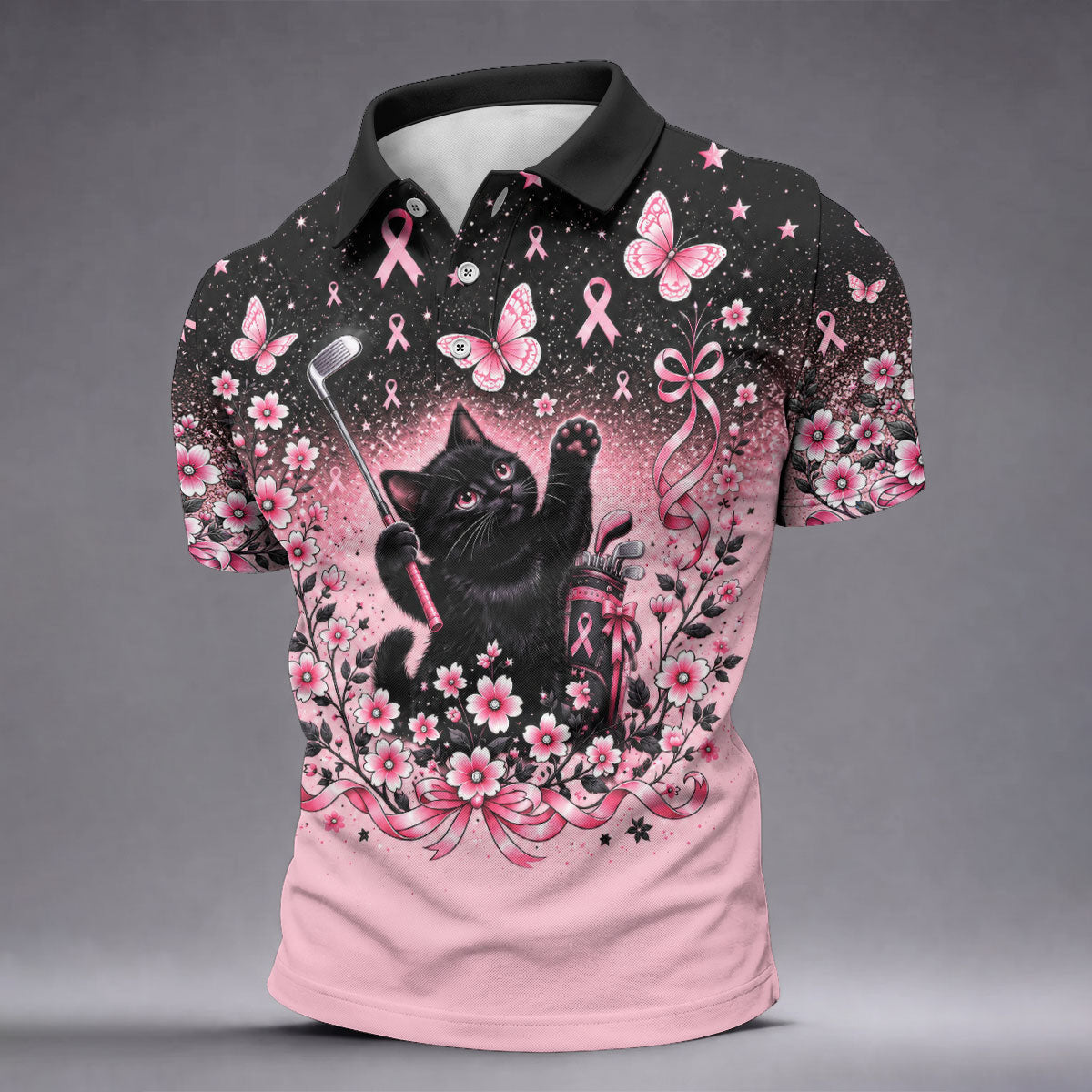 Black Cat Breast Cancer Ribbons Polo Shirt, Mens Golf Polo, Golf Apparel For Men