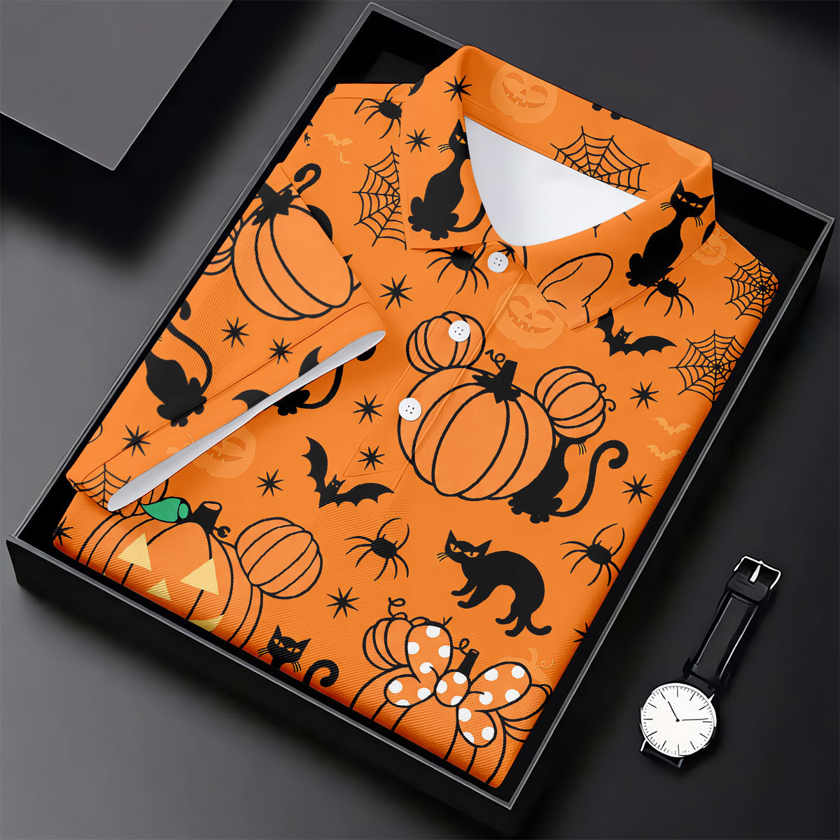 Black Cat and Pumpkin Halloween Polo Shirt, Golf Polo Apparel, Womens Golf Outfit