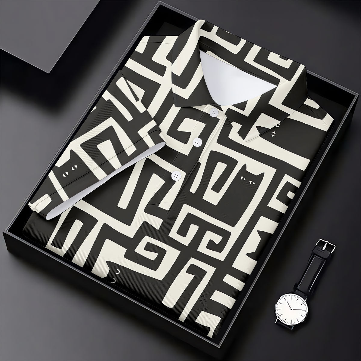 Minimalist Black Cat Maze Pattern Golf Polo Shirt, Men's Golf Shirt, Printed Golf Shirts