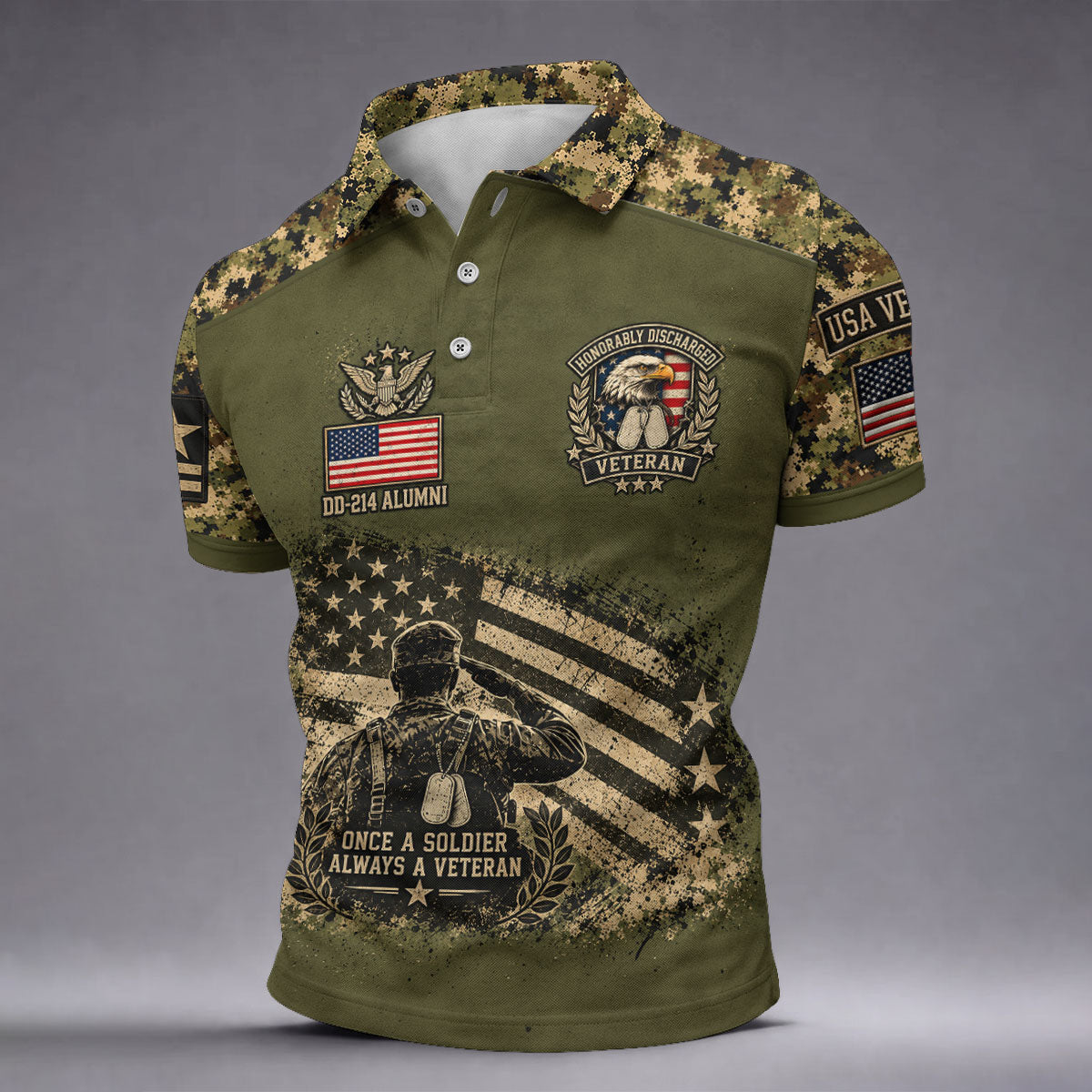 DD-214 Soldier Flag Camo Golf Polo Shirt, Mens Golf Apparel, Veterans Day Golf Shirt