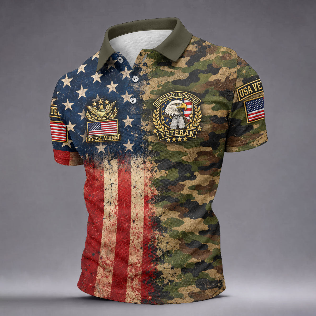 DD-214 Eagle Split USA Flag Camo Polo Shirt, Veterans Day Shirt, Golf Shirts For Men