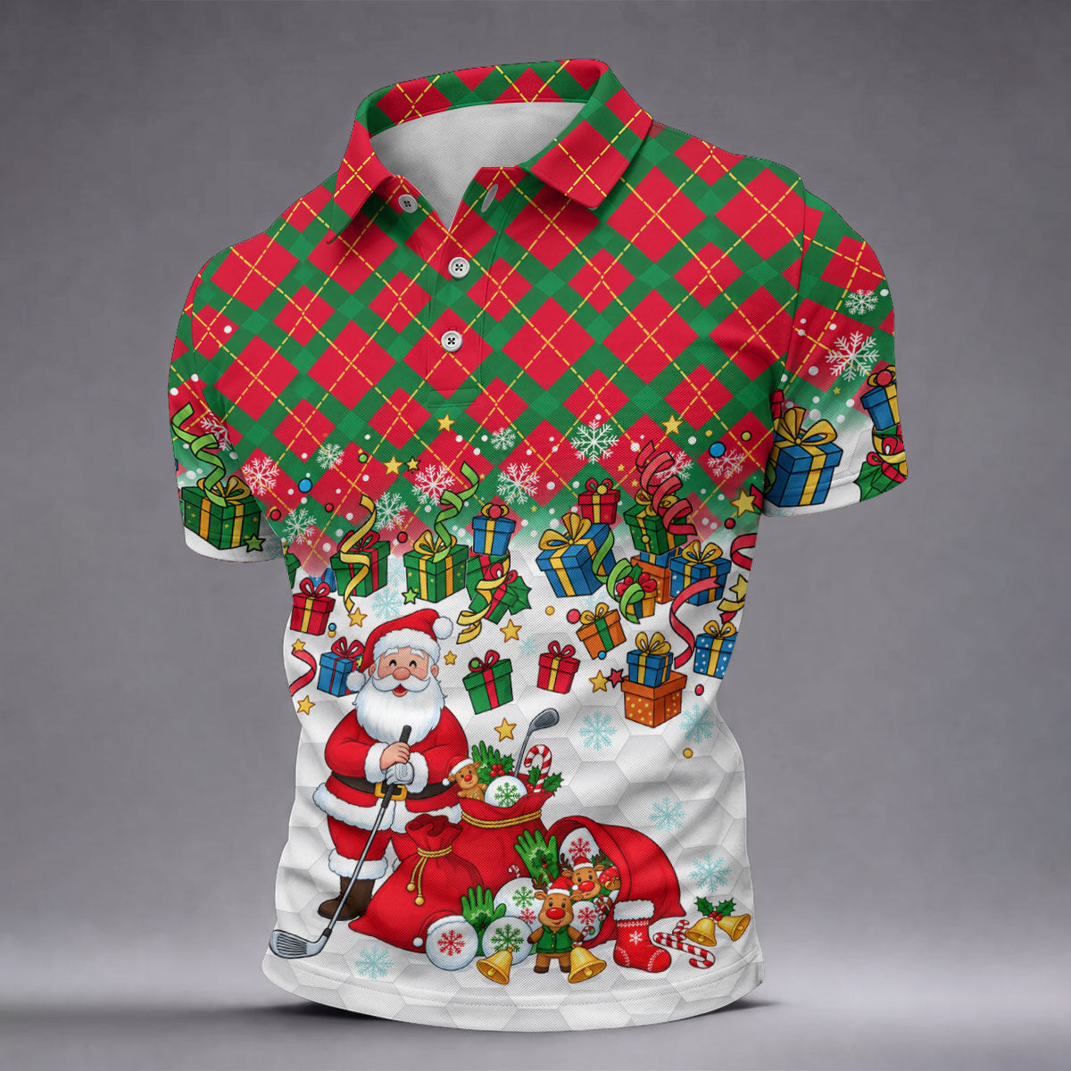 Christmas Santa Golfer and Gifts Polo Shirt, Printed Golf Shirts, Mens Golf Polo