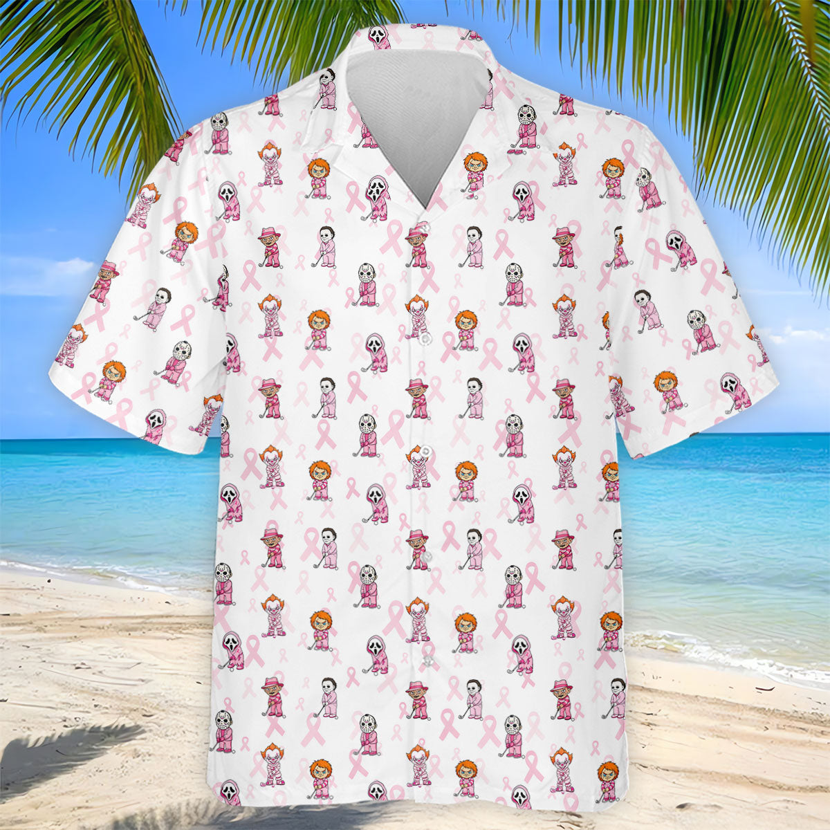 Breast Cancer Chibi Horror Character Polo Shirt, Mens Golf Shirts, Golf Apparel For Men