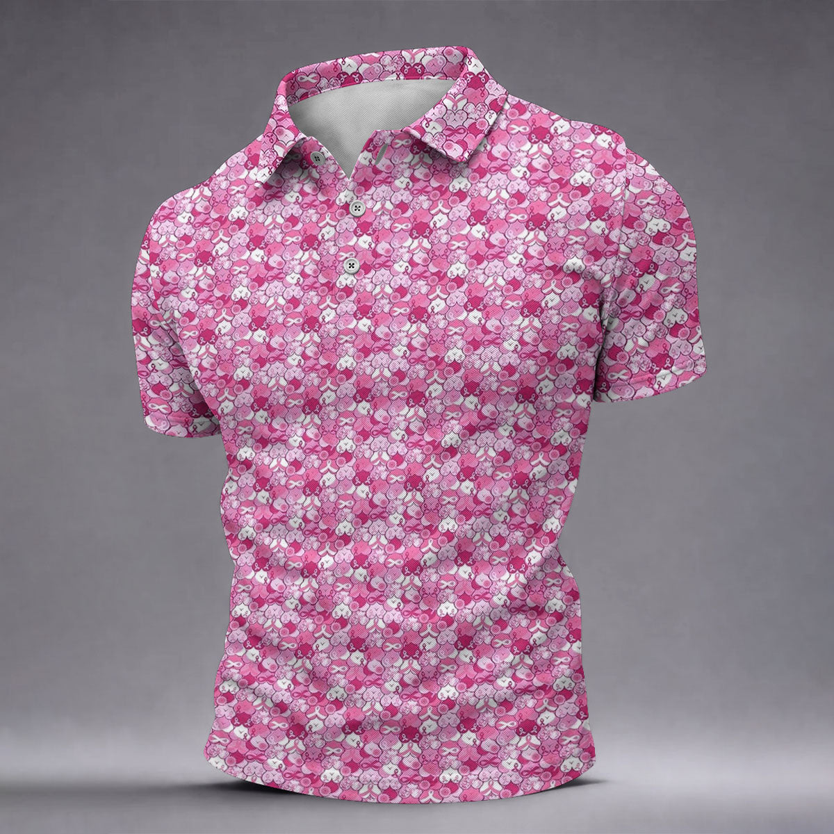 Pink Breast Cancer Hearts And Ribbons Polo Shirt, Golf Shirts For Men, Mens Golf Polo