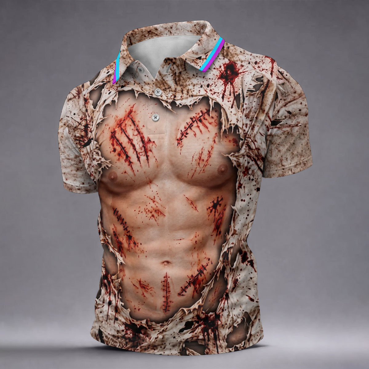 Bloody Stitched Torso Halloween Costume Polo Shirt, Mens Golf Shirts, Halloween Golf Shirt