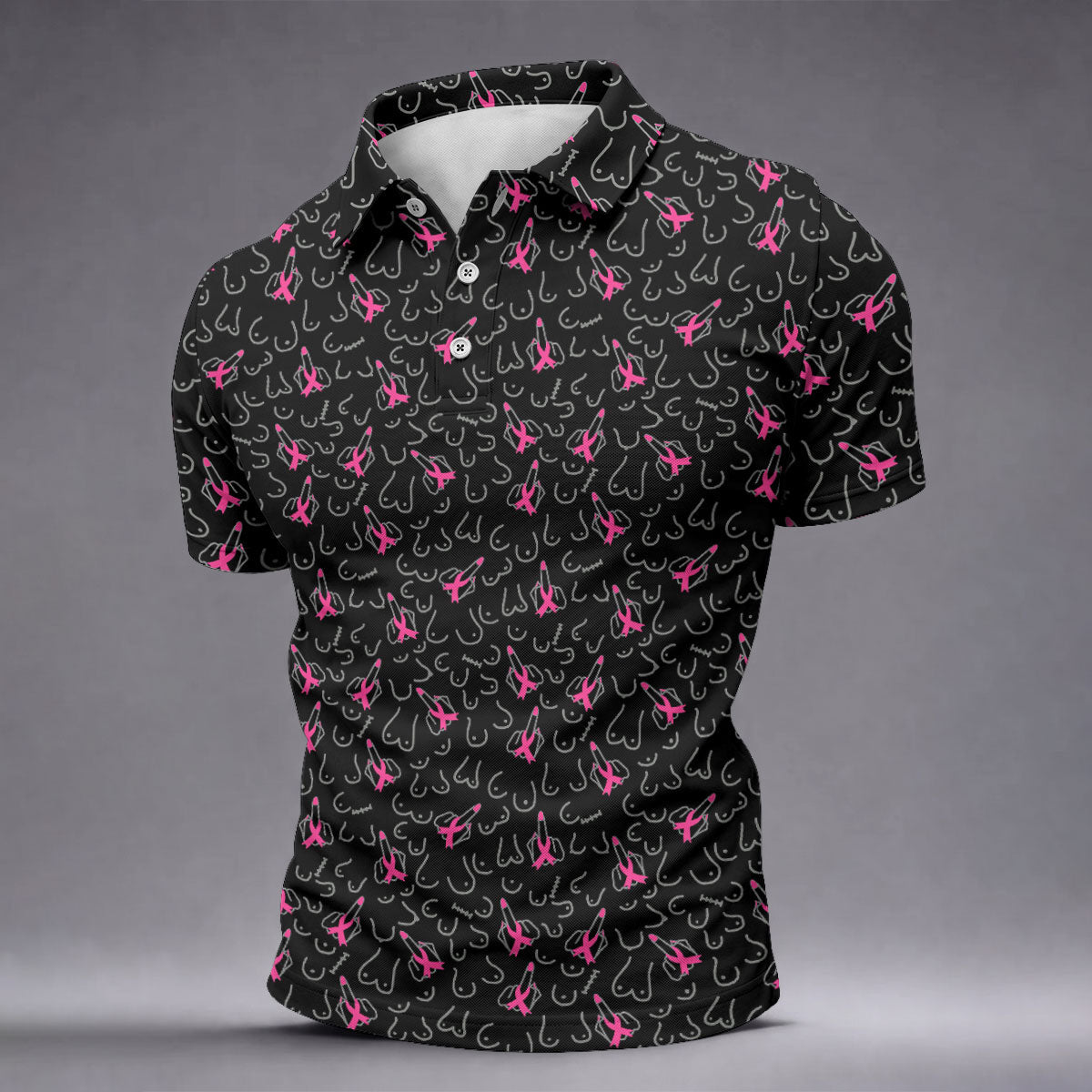 Breast Cancer Ribbon Middle Finger Polo Shirt, Mens Polo Shirts, Men's Golf Shirt