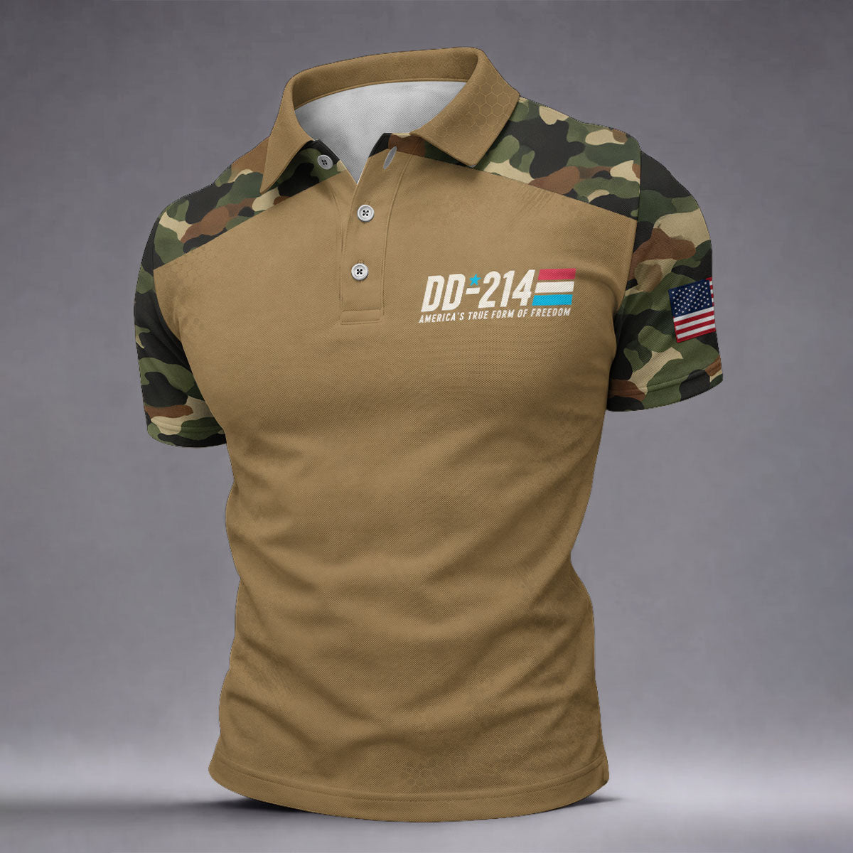 DD-214 Tan Military Camo Freedom Polo Shirt, Veterans Day Shirt, Golf Shirts For Men