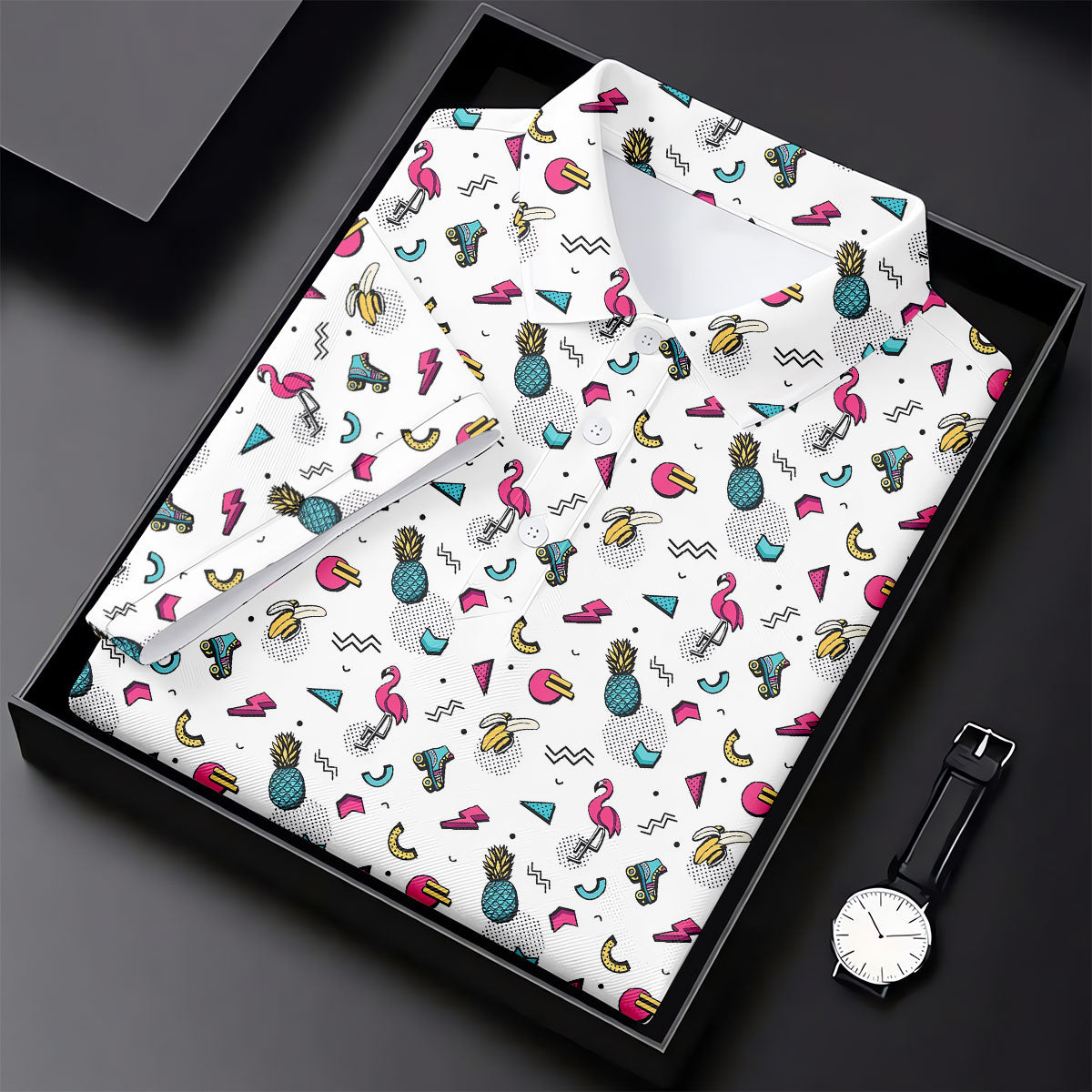 White Retro Summer Flamingo Pattern Golf Polo Shirt, Men's Golf Shirt, Golf Polo Shirts For Men