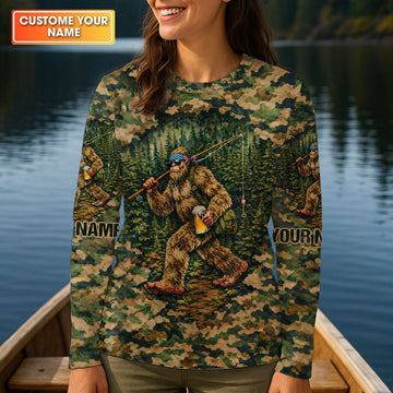 Bigfoot Fishing And Beer Earth Green Camo Fishing Shirt, Fishing UPF Shirts, Women Fishing Shirt