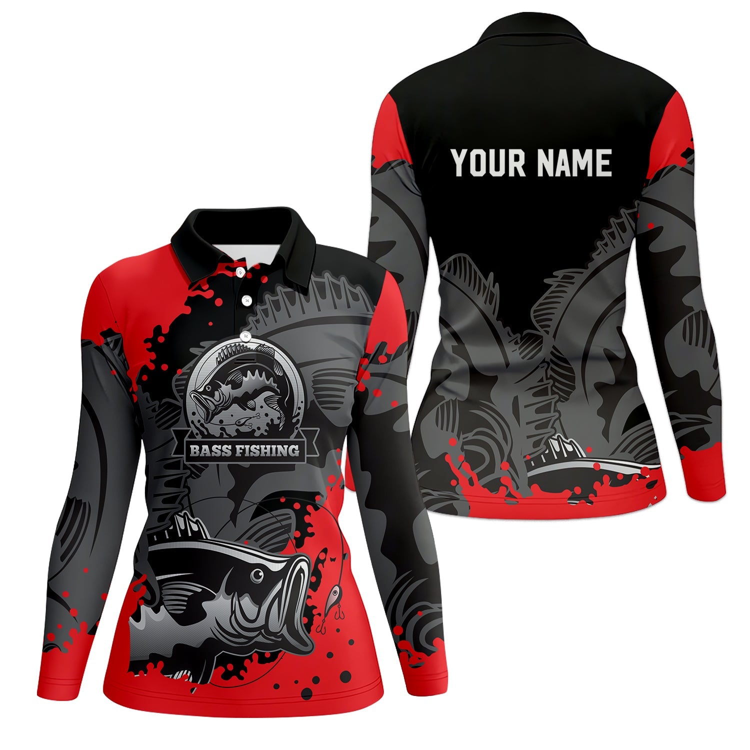 Black Red Bass Fishing Tournament Fishing Shirts, SPF Long Sleeve Shirts Womens