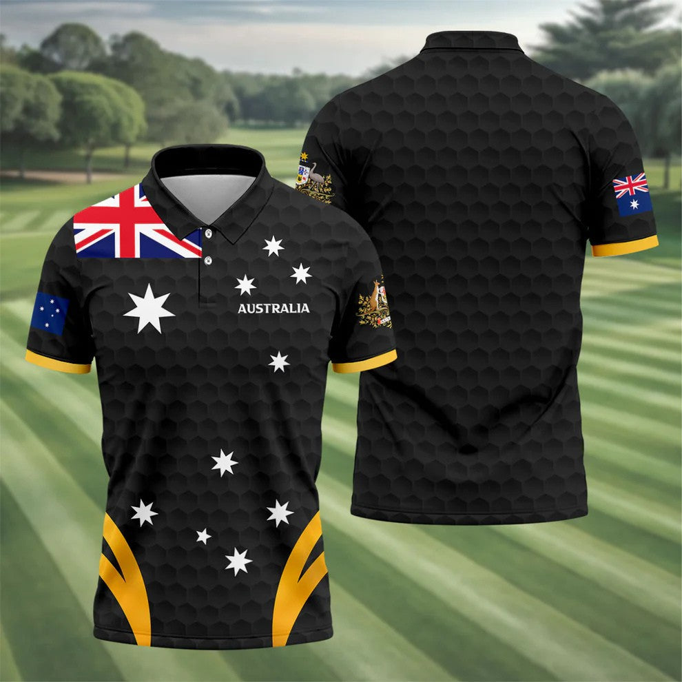 Australia Flag Print Golf Ball Pattern Black Golf Shirt, Australian Symbol Polo Shirts For Men