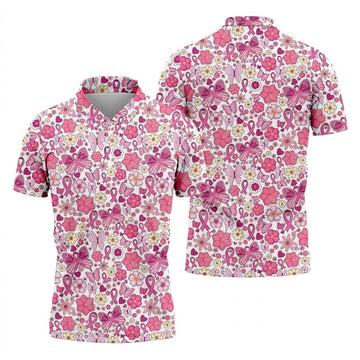 Breast Cancer Pink Ribbon Floral Golf Shirt, Cancer Awareness Shirt, Polo ShirtFor Men, Golfing Apparel