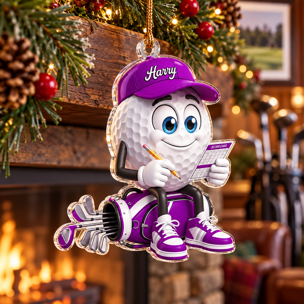 Custom Name Purple Golf Scorecard Acrylic Ornament, Christmas Ornaments, Golf Gifts